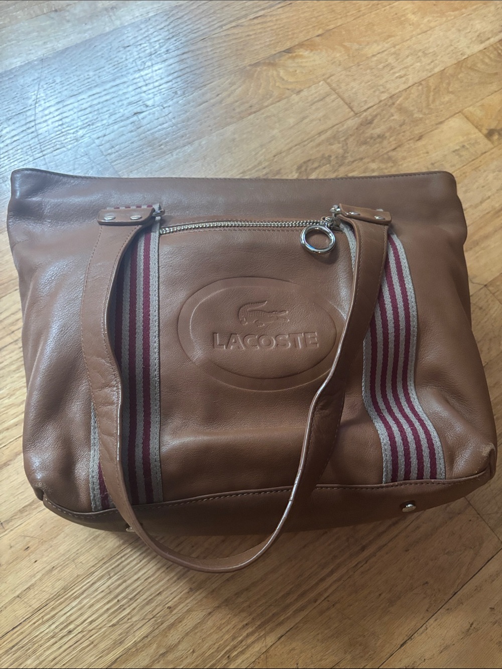 Lacoste Tan Leather Tote with Red and Cream Striped Webbing